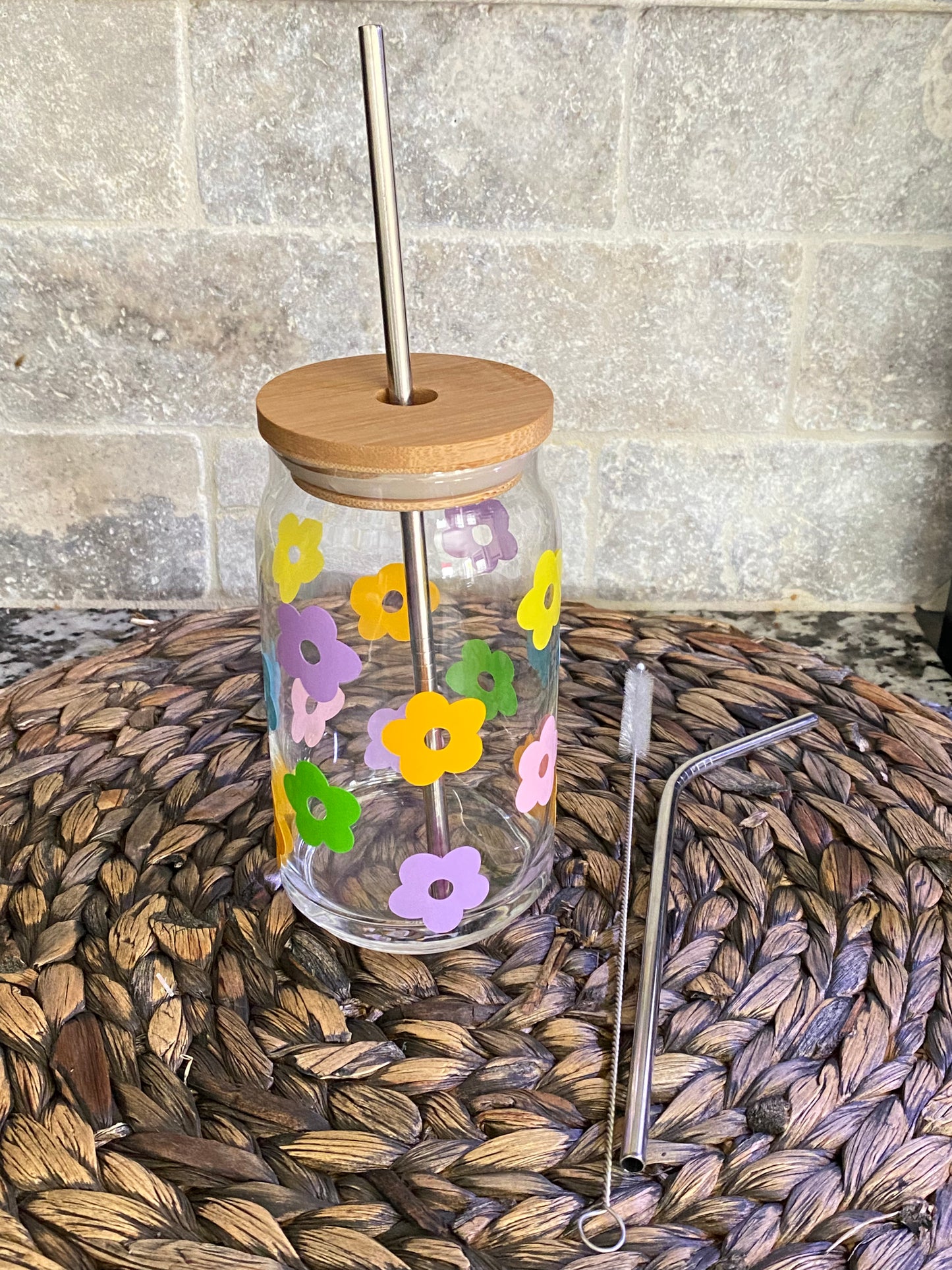 Colorful Daisies Can Glass