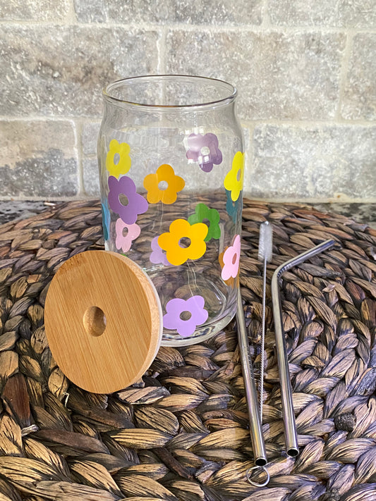 Colorful Daisies Can Glass
