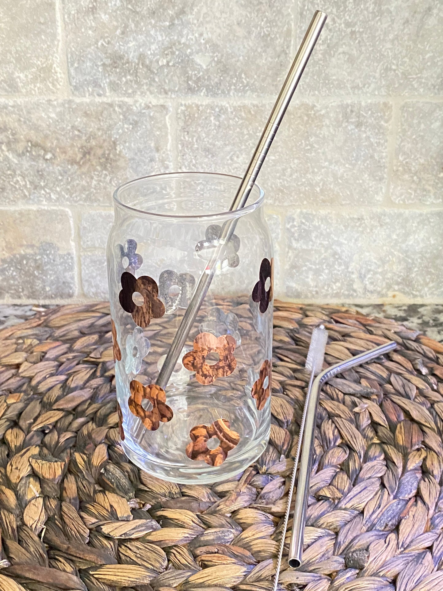 Rose Gold Daisies Can Glass